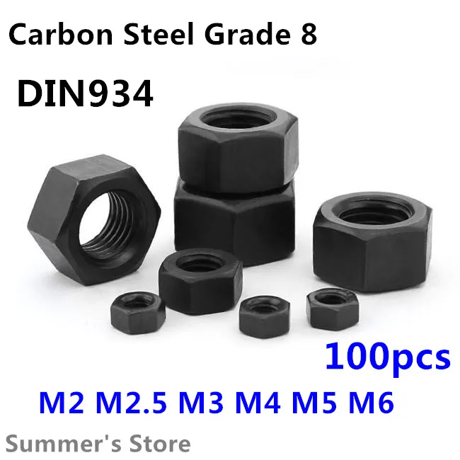 100 шт./лот DIN934 Шестигранная гайка M2/M2.5/M3/M4/M5/M6 черная 2 мм/2 5 мм/3 мм/4 мм/5 мм/6 мм