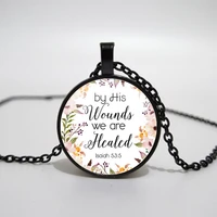 his wounds were cured by isaiah 53 5 bible scripture necklace glass pendant fashion jewelry ms mens christian gifts