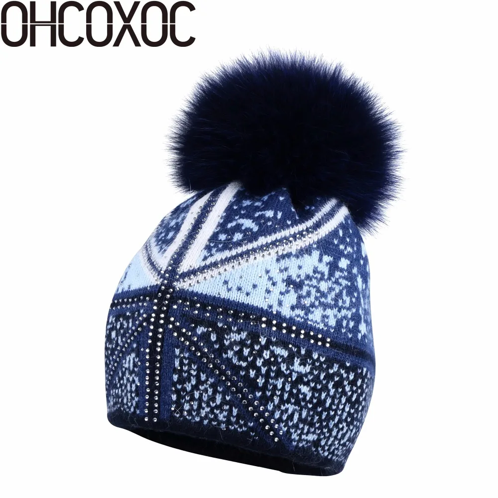 OHCOXOC новинка женские шапочки натуральный Лисий мех помпоны шапка сохраняющая
