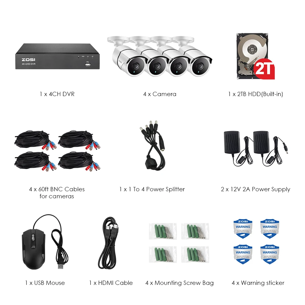 ZOSI 4K Ultra HD система видеонаблюдения 4 канала H.265 + видео Dvr с 2 ТБ HDD и 4x4 K (8MP) Ip67