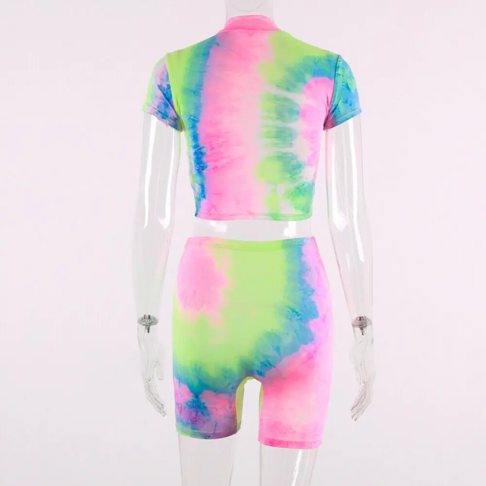 Casual Tie Dyeing Print Women Two Piece Sets Fashion Leisure Party Outwear Tracksuit Stretch Crop Top And Shorts Matching Set | Женская