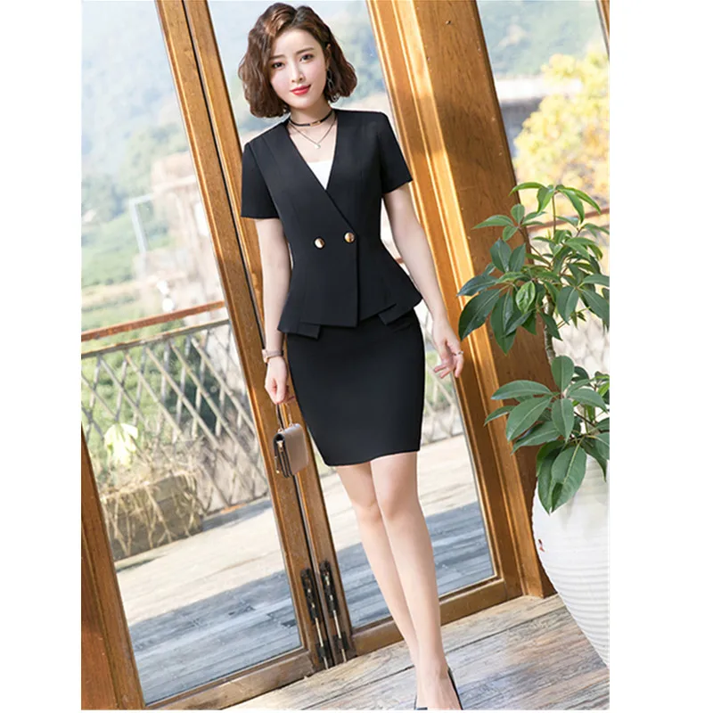 Women's suit skirt short-sleeved Slim V-neck double-breasted two-piece (jacket + skirt) ladies business | Женская одежда