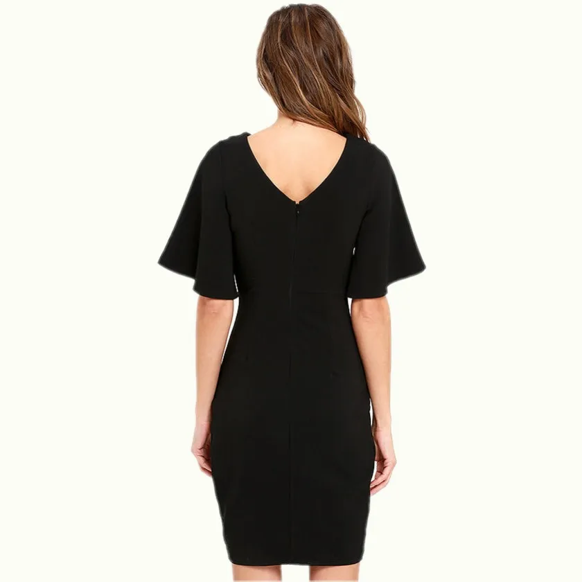 FD3481 Lady Elegant Half Flare Sleeve Knee Dress Vestidos Robe Asymmetrical Hem Ruched Slim Waist Solid Black Smart Dresses | Женская
