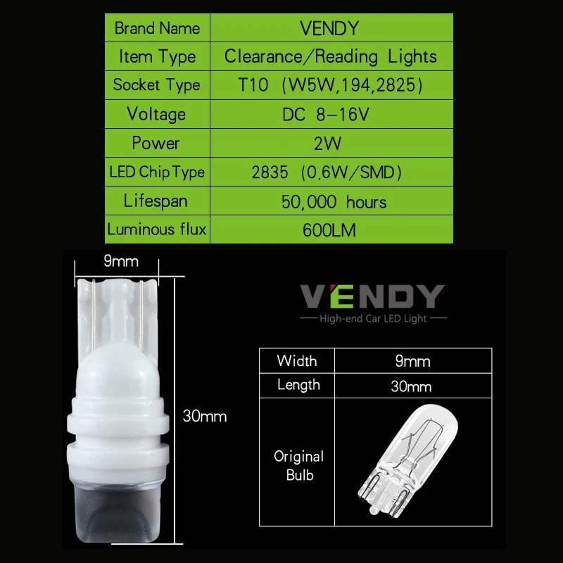 VENDY 2 шт. Автомобильные светодиодные огни W5W T10 194 2825 168 Авто 12V лампы ширина парковки