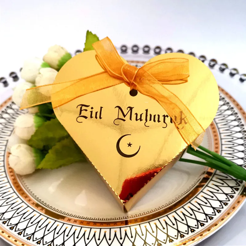 

10pcs Eid Mubarak Candy Gift Box Ramadan Decorations Islamic Party Diy Decoration Cardboard Box Dragee Box Packaging with Ribbon