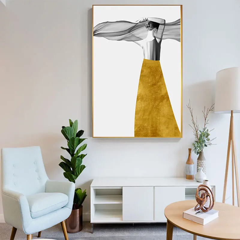 Модное настенное искусство Cadro абстрактное желтое платье Великолепная девушка