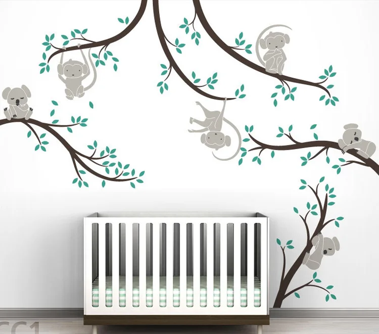 Spring Koala and Monkey Tree Branches DIY Wall Decals Vinyl Stickers Nursery Baby Art Decor For Kids Rooms Murals A213 | Дом и сад
