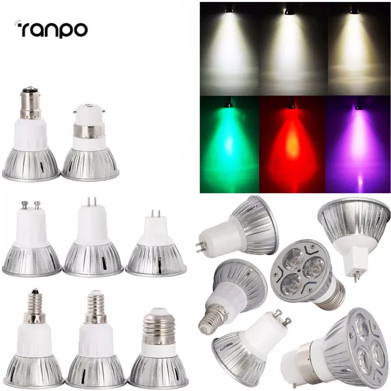 

10X 20X Wholesale 3W LED SpotLight Bulb E26/27 E14 E12 GU10 B22 MR16 High Power Lamp 12V Purple/Warm White/Red/Green/Blue/Yellow