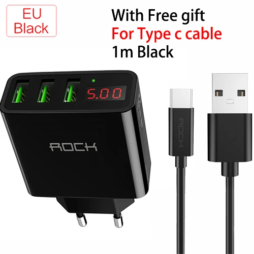 EU Black for Type c 3 с usb-портом, светодиодная дисплей USB зарядное устройство рок ЕС Портативный Путешествия зарядки для Vivo стены Desktop тире тройной разъем с Бесплатный п - Тип штекера: EU Black for Type c