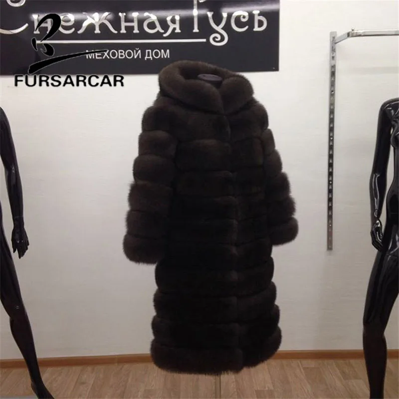 FURSARCAR 2018 Новое роскошное пальто из натурального Лисьего меха с меховым капюшоном
