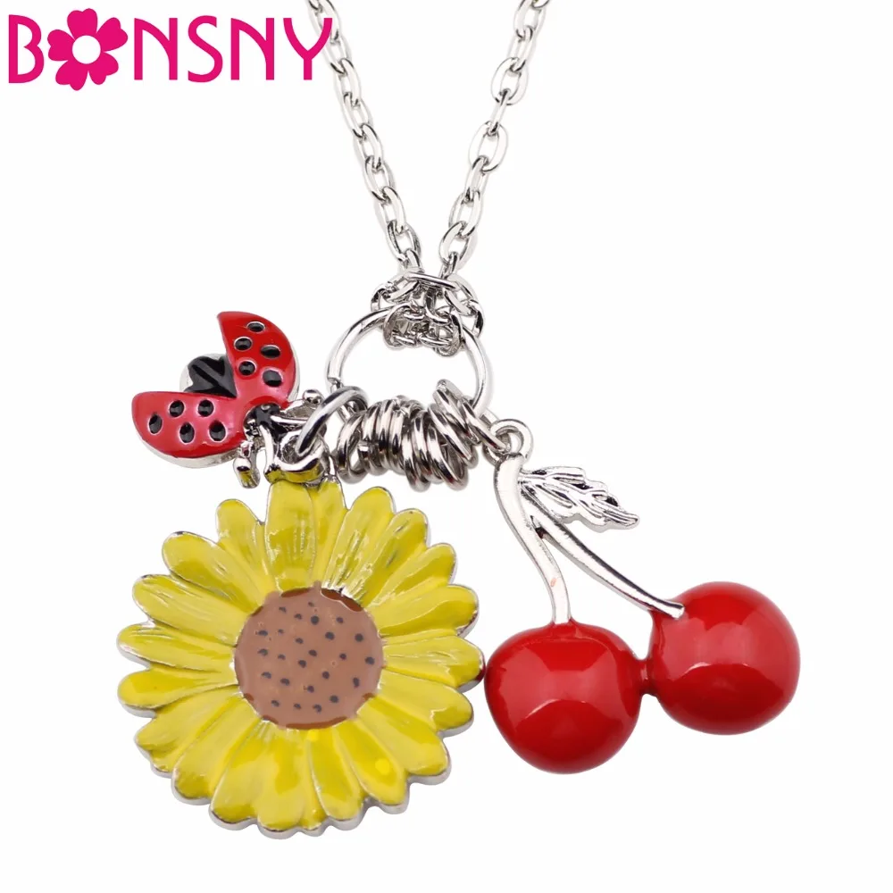 Ожерелье Bonsny Maxi из сплава в виде подсолнуха вишни эмалированная цепочка яркая