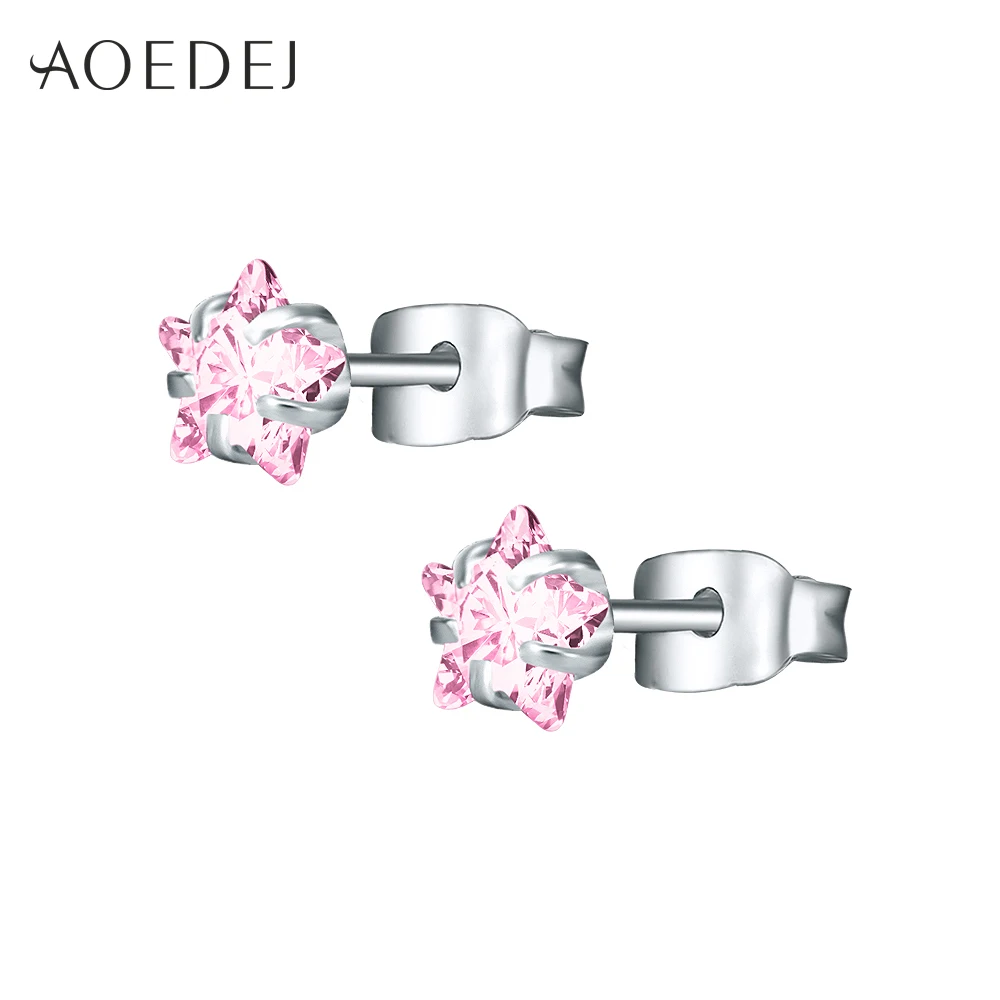 AOEDEJ 3-8 мм Золотая Звезда Серьги гвоздики из нержавеющей стали сережки со стразами розовые для женщин девушки сердце серьги цветные - Окраска металла: Pink Star Silver