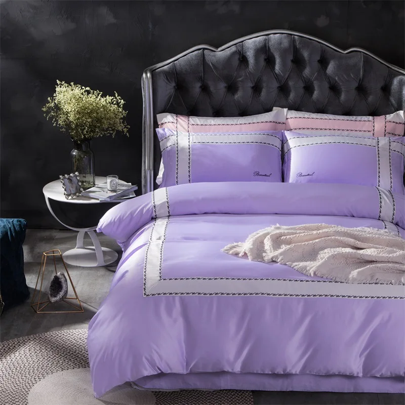 New Tencel Silk Cotton Bedding Set 4pcs Brief Luxury Solid Color Patchwork Bed Linen Duvet Cover Flat Sheet Pillowcase |