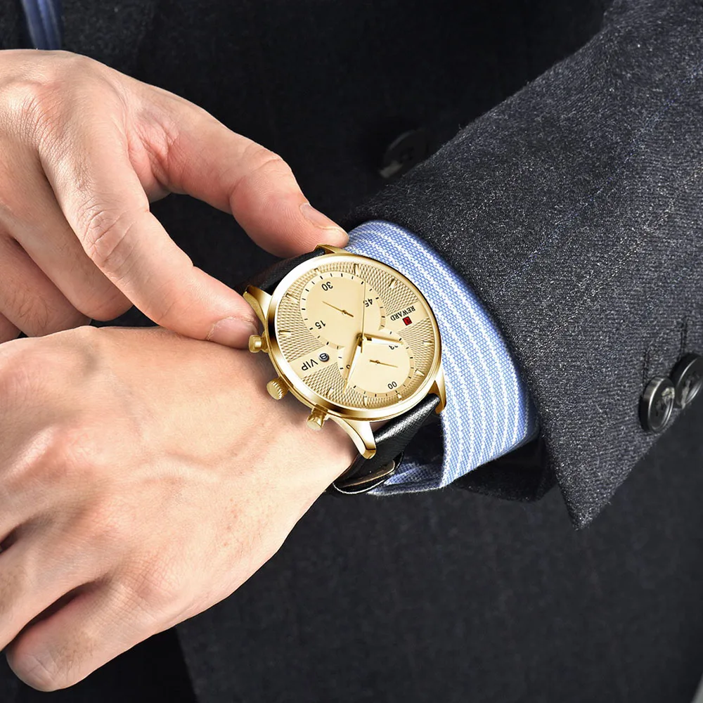 Часы наручные мужские кварцевые с хронографом и ремешком из натуральной