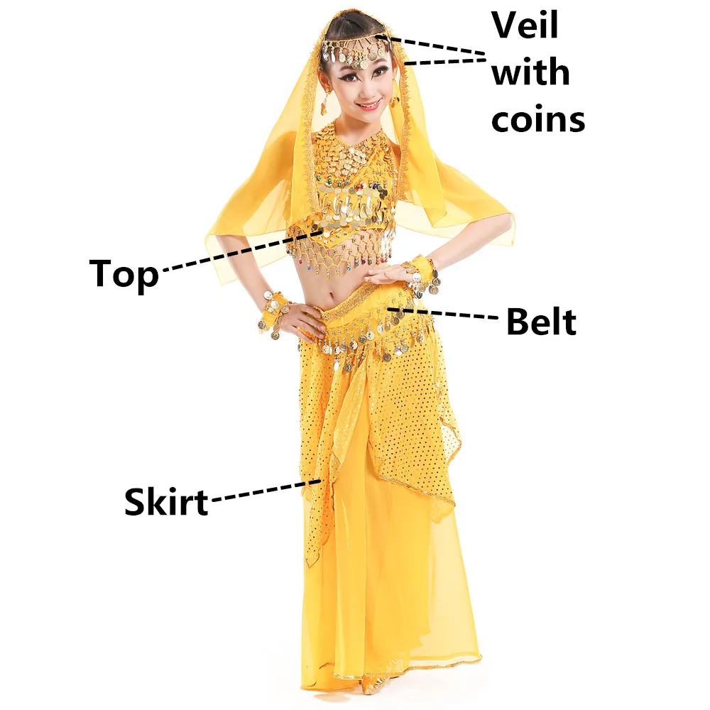 Yellow 4pcs Костюмы для танца живота для детей, девочек, детская юбка для танца живота, Болливуд, танцевальное платье, для выступлений, соревнований, индийский комплект одежды - Цвет: Yellow 4pcs