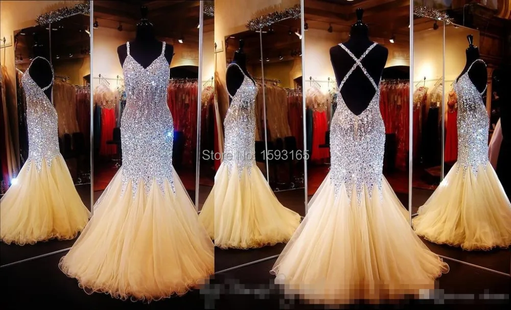 Блестящие выпускного вечера платье русалка с v-образным вырезом спагетти ремни