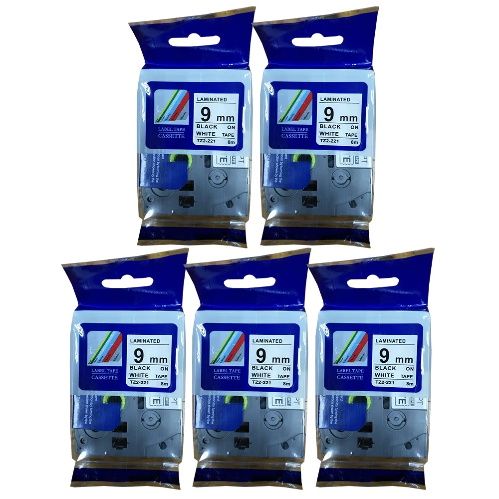 Fita P-touch para Substituição 5pk Varas de Fita Laminada Padrão Tze221 para Brother P-touch 0.35 Branco ft mm x 8m