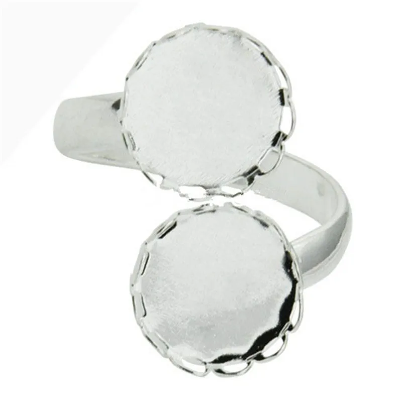 

5pcs Shiny Silver Double Blank Settings Open Ring Round Adjustable Ring Lace Cabochon Base Trays Bezel Fit 12mm Glass Cabochon