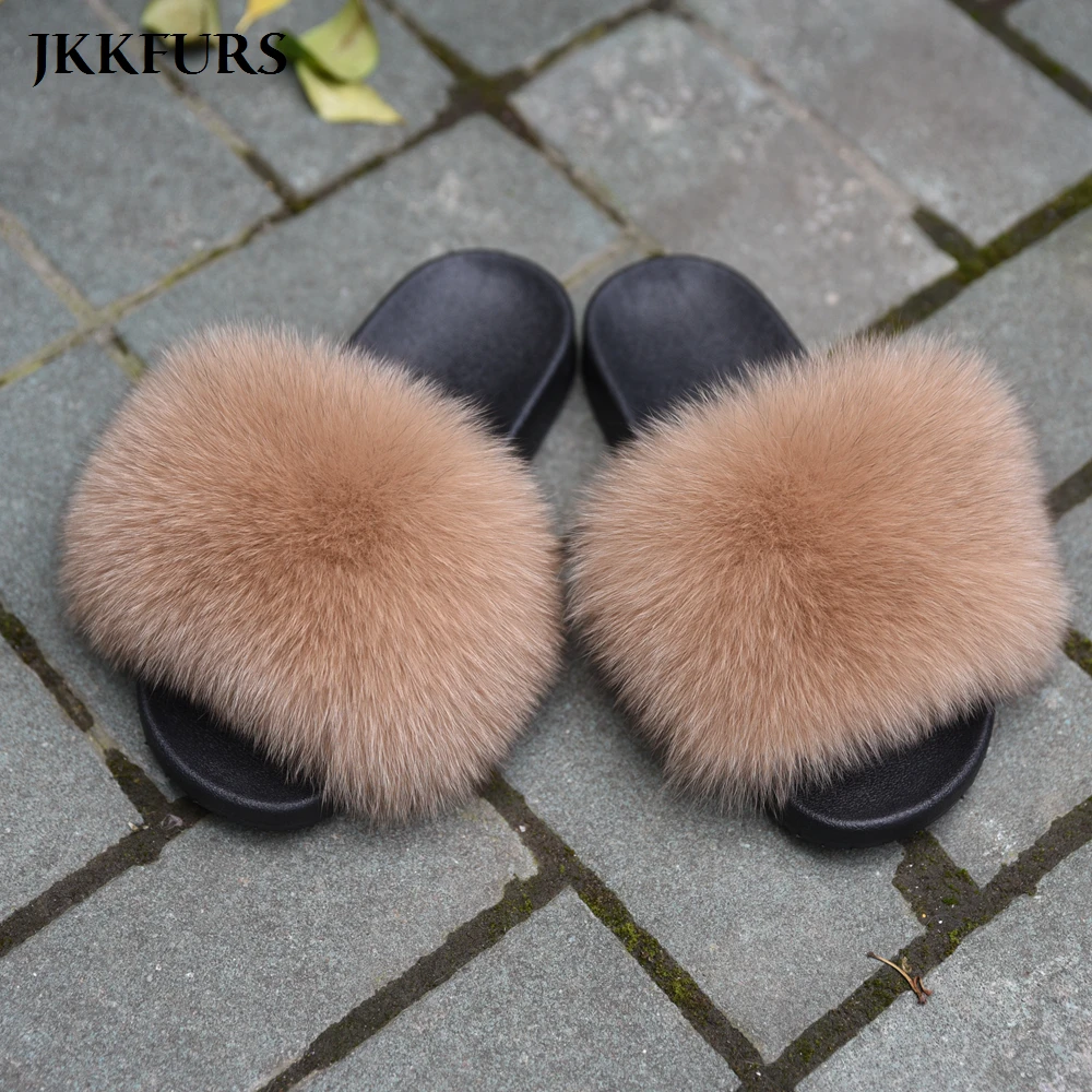 

2021 New Fur Slides Women's Real Fox Fur Slippers Shoes Flip Flops Flat Fluffy Fur Sliders Retail Wholesale S6018F