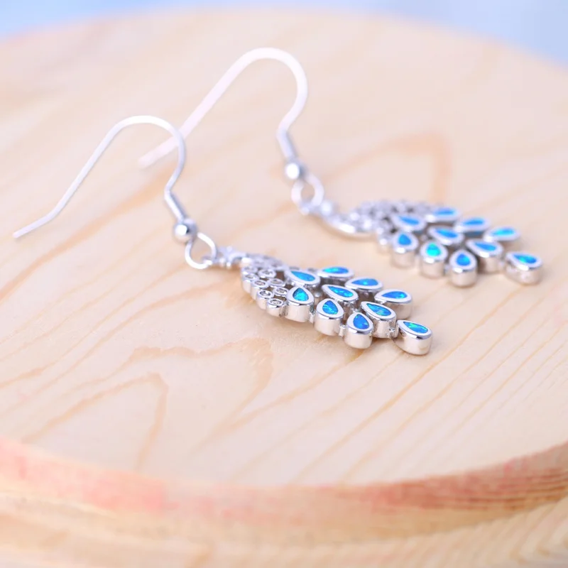 ROLILASON The new peacock design is for ladies wedding gift blue Fire Opal Silver Drop Earrings Fashion Jewelry OE703 | Украшения и