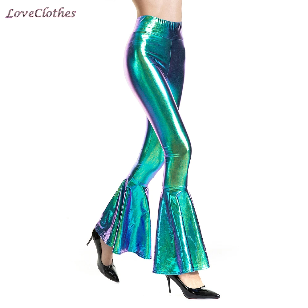 Fashion Sexy Bodycon Mermaid Solid Laser Flare Pants Women High Waist Full Length Pants Trousers Casual Streetwear Leggings