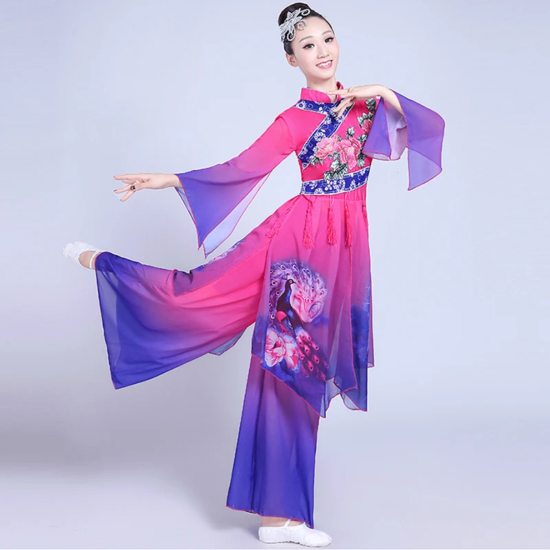 Chinese style Hanfu classical dance costumes female elegant fan costume Yangko clothing suit festival wear | Тематическая одежда и
