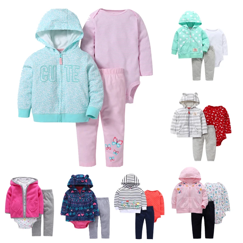 Baby Girl soft Cotton 3 PCS Clothing Set Long Sleeve Outwear+Bodysuit+Pants for 6M to 24M Infant Suit | Детская одежда и обувь