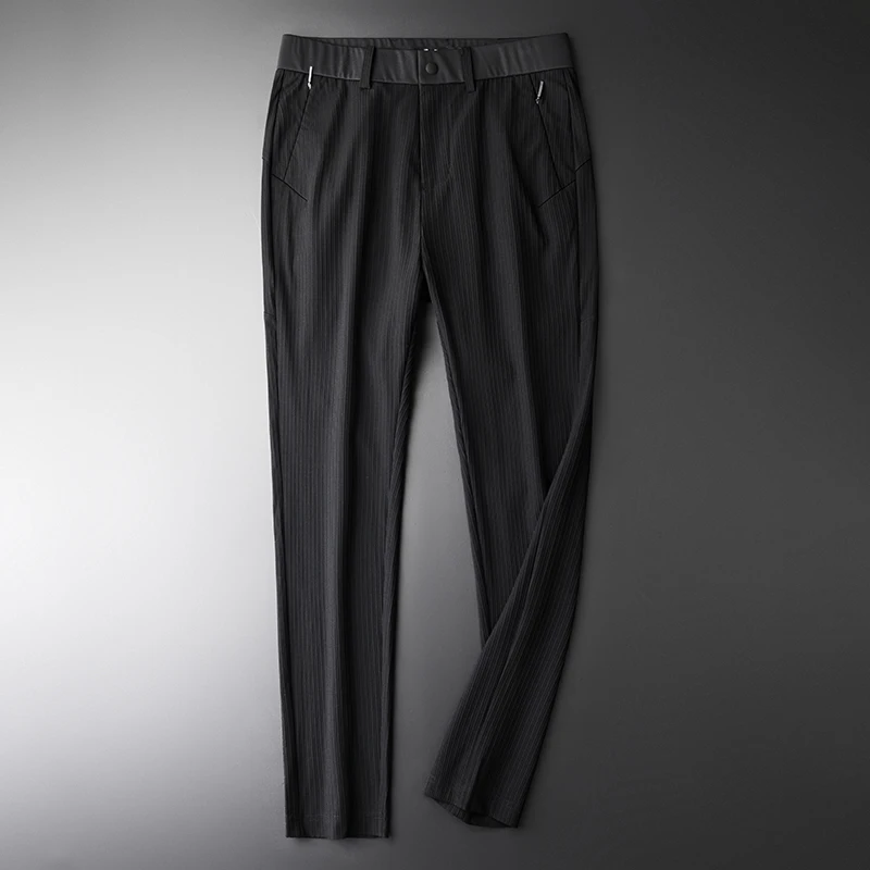 Мужские брюки Minglu черные в полоску летние деловые высокого