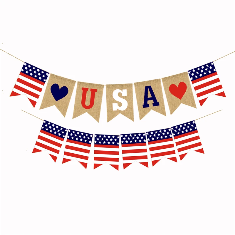 

USA Independence Day Garland Burlap Flag Patriotic Bunting Banner 4th of July Decorations Linen Hanging Flags Party Decor