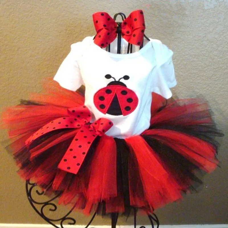 

Fashion Girls Clothing Set Lady Bettle T-shirt Tutu Skirt Outfit Halloween New Year Costume Kids Party Birthday Festival Clothes