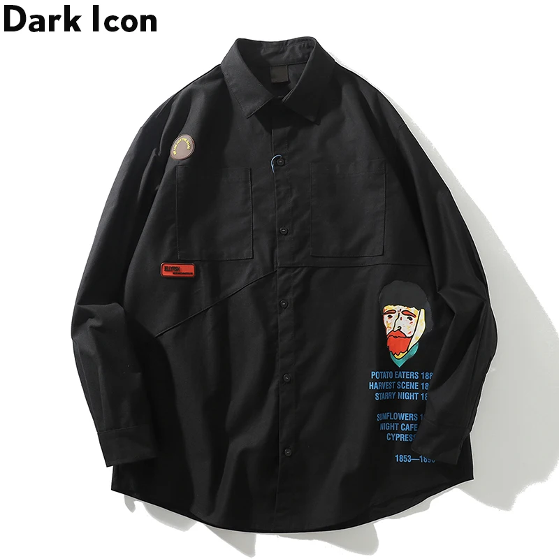 Dark Icon Letters Print Turn-down Collar Men's Shirt Long Sleeve Oversized Shirts Men Street for Yellow/Black | Мужская одежда