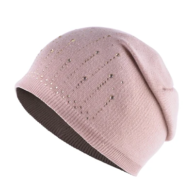 Повседневные вязаные шапки из кроличьей шерсти, женские шапки skullies, зимние шапки для девочек, мигающие бриллианты, двухслойная женская шапка gorros - Цвет: Розовый