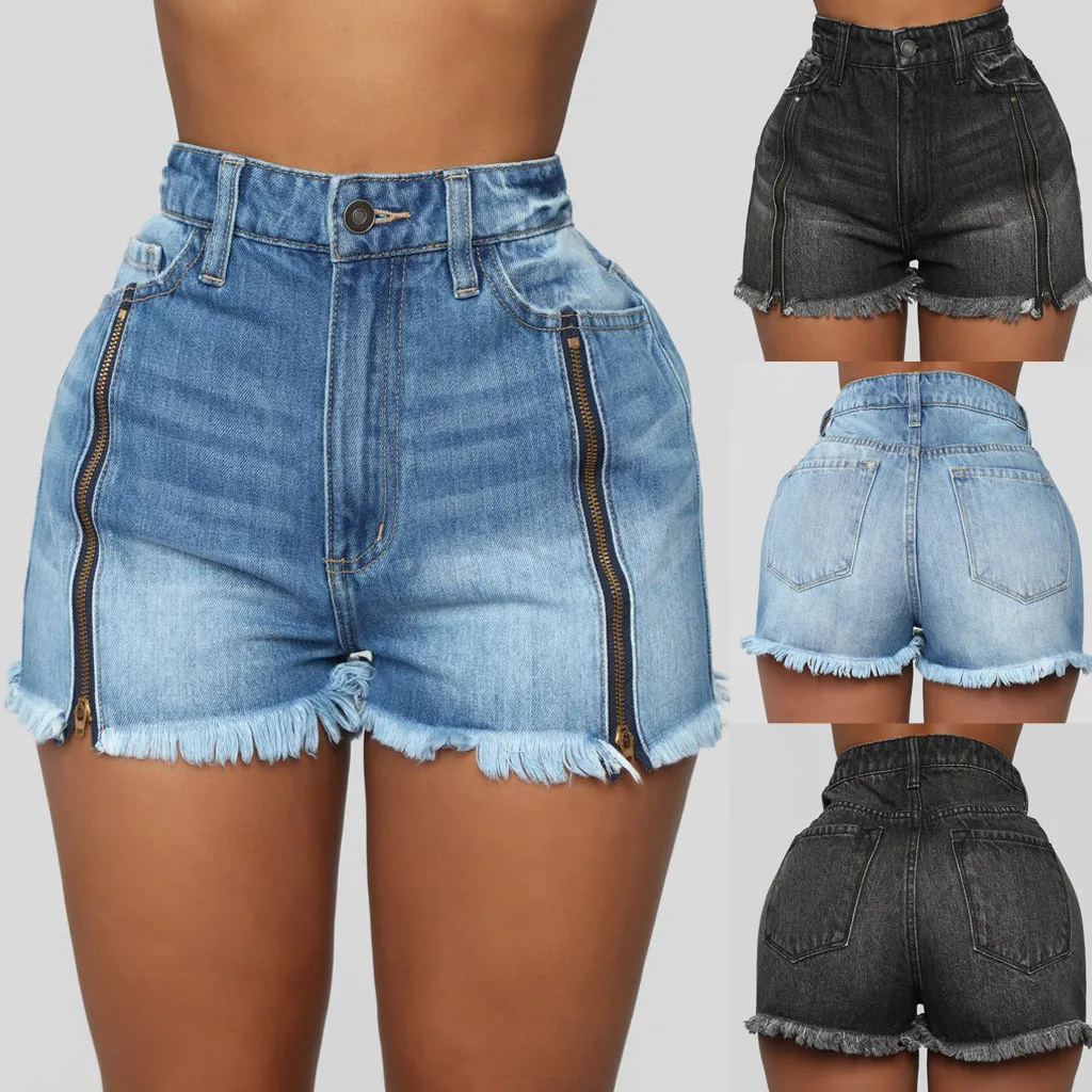 Женские джинсовые шорты с дырками синие повседневные высокой талией большие