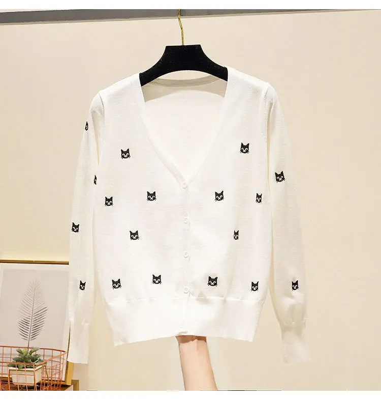 Baharcelin Embroidery cat Sweater jacket Women Cardigan Knitted Coat Jumper Crochet Casual V-Neck Woman Cardigans Tops |
