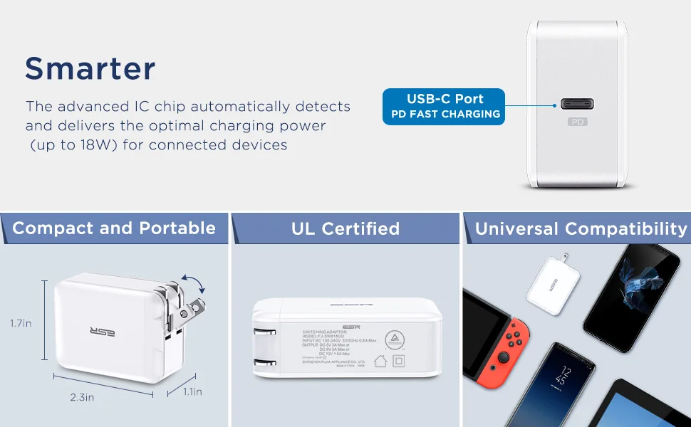 ESR USB C зарядное устройство 18 Вт, зарядное устройство со складной вилкой типа C PD зарядное устройство для iPhone XS/XR/XS Max iPad Pro samsung