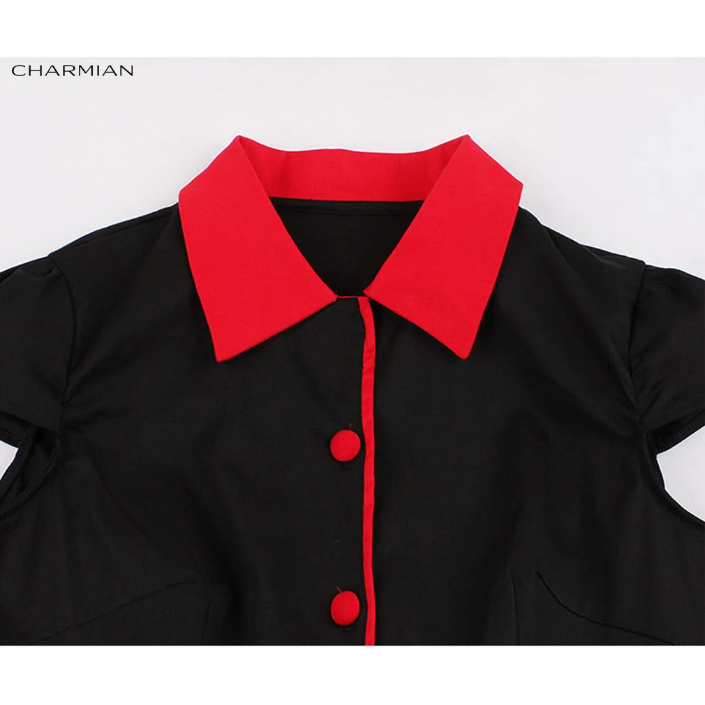 Женское винтажное платье Чонсам Charmian Черное и красное с отворотом короткими