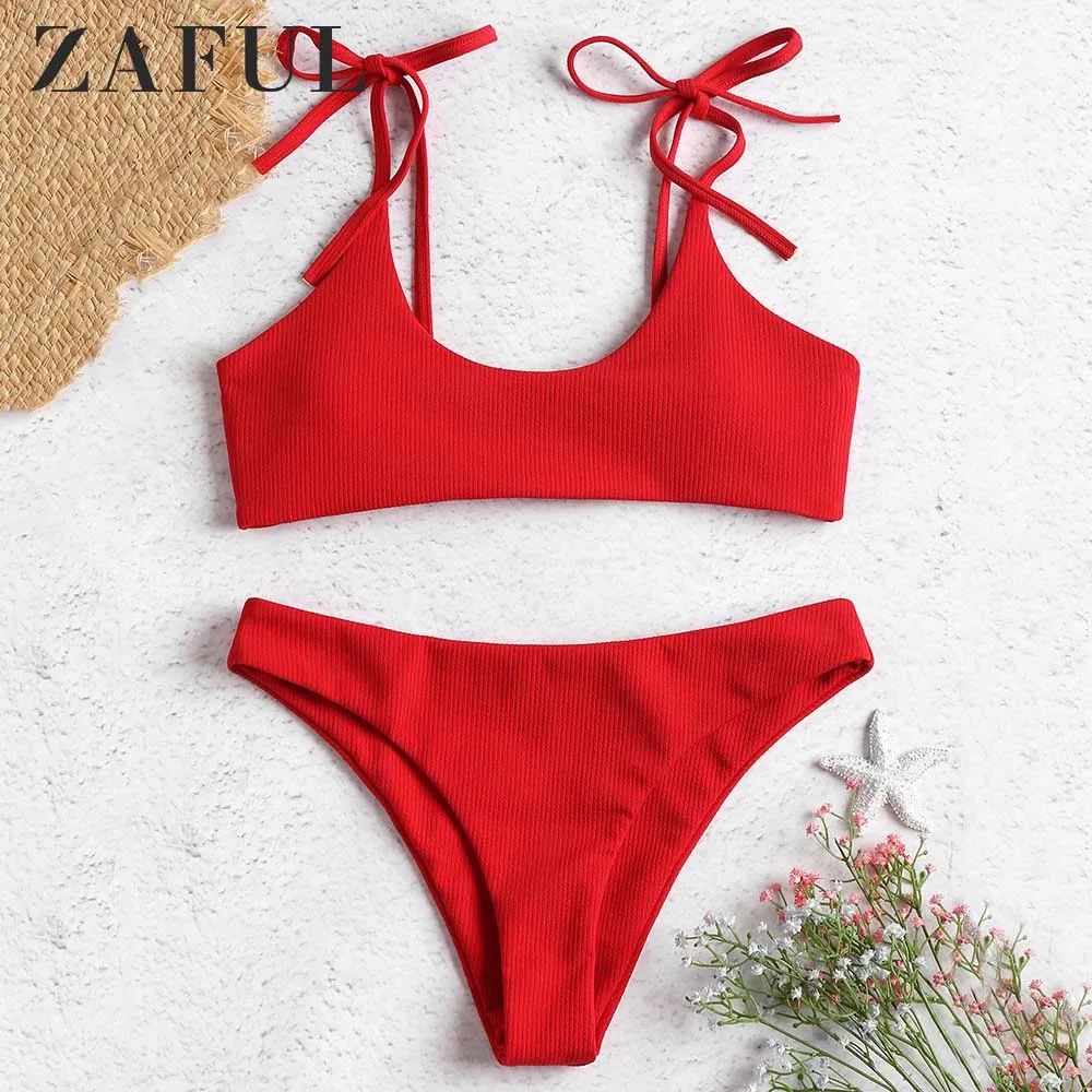 Женский купальник Бикини на тонких бретельках ZAFUL однотонный с завязками и