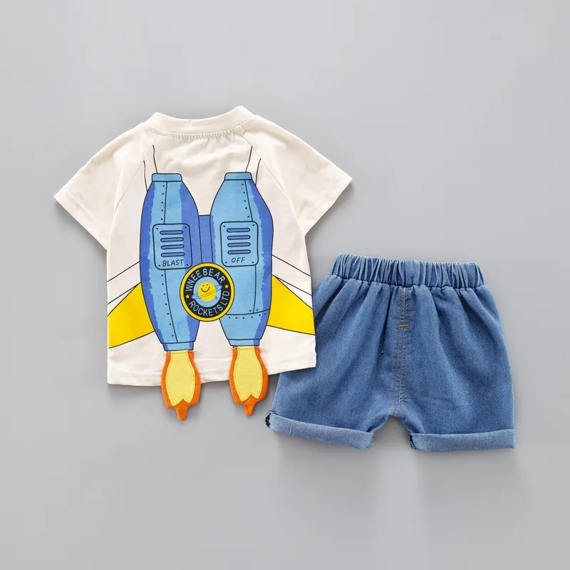 Rocket Boys Clothes Summer Clothing Set Short-Sleeve O-Neck T Shirt + Short Jeans Suit Children Outfit 1 2 3 4 Years | Детская одежда и