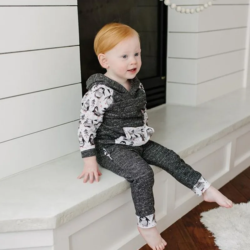 Infants Baby Clothes Set 2019 Spring Clothing Cartoon Penguin Print Cotton Hoody Sweater Pant 2 Pieces Suit For Newborn |