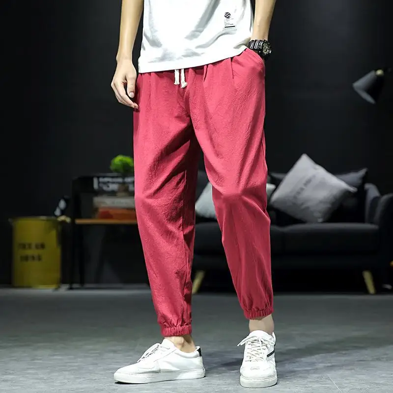 

Plus Size 4XL 5XL Mens Linen Drawstring Trousers Elastic Waist Plain Color Cuffed Pants Summer Streetwear Casual Ankle Pants