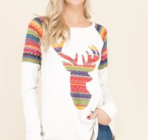

New Women Christmas T Shirt Elk Print Female Long Sleeve Casual Slim Deer Head Shirt Casual Female Tops Tees