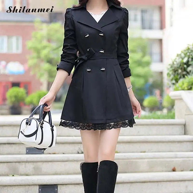 2019 Trench Coat For Women Spring Double Breasted Black Winter Abrigos Mujer Lace Casaco Feminino Autumn Outerwear Slim | Женская одежда