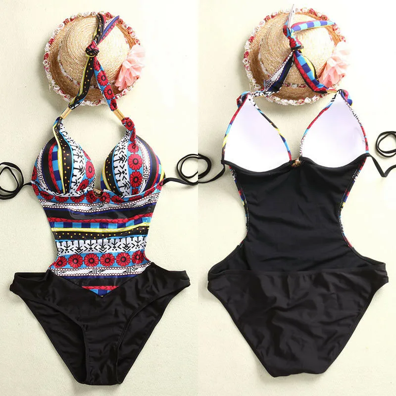 Женский Цельный купальник с принтом глубоким v образным вырезом и открытой