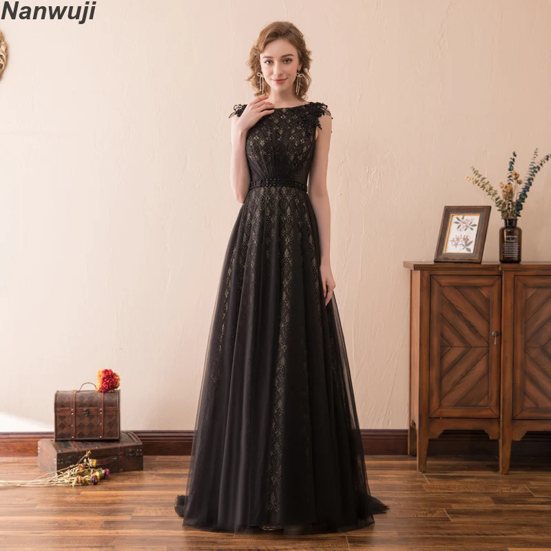 

Long BlackMother Of The Bride Dresses 2018 Lace Appliques Bodice Sheer Sleevesless Mothers Evening Dresses