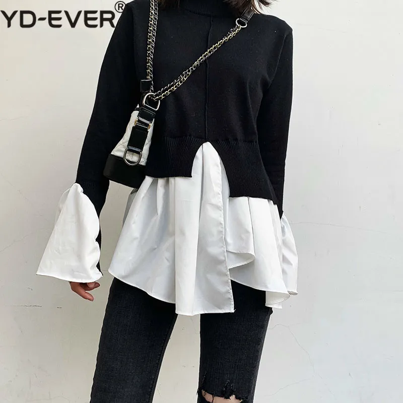 Fake 2 piece Women Sweater Shirts 2019 Spring Turtleneck Flare Sleeve Knitted Pullovers Patchwork White Blouse Irregular Top | Женская