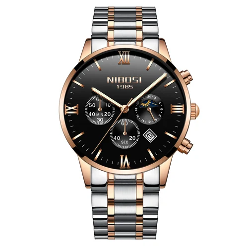 RoseGold Black Steel NIBOSI часы Для мужчин часы Роскошные известный бренд Мужская мода повседневные платья часы в стиле милитари кварцевые наручные часы мужские наручные часы - Цвет: RoseGold Black Steel