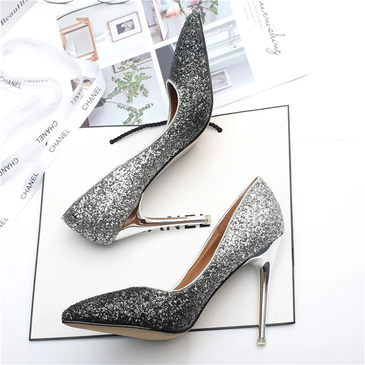 black silver 10CM Обувь большого размера; женская обувь на высоком каблуке; коллекция года; Звездные брендовые свадебные туфли; модные вечерние туфли-лодочки; женские туфли на каблуке с золотыми блестками; zapatos de mujer - Цвет: black silver 10CM