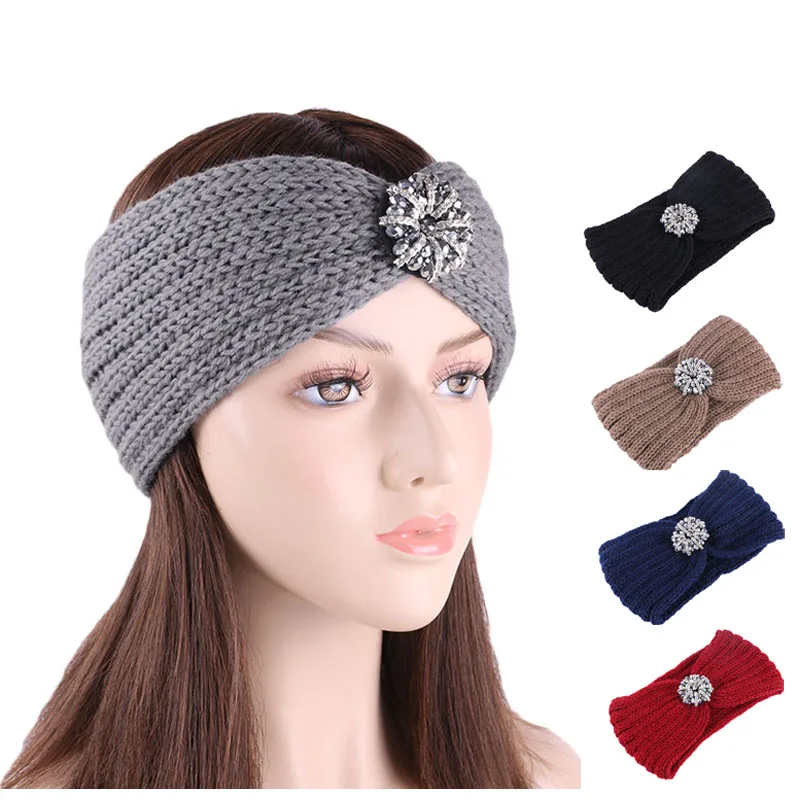 

Women Winter Warmer Ear jeweled Knitted Headband Turban Women Crochet Bow Wide Stretch Hairband Headwrap Hair Accessories
