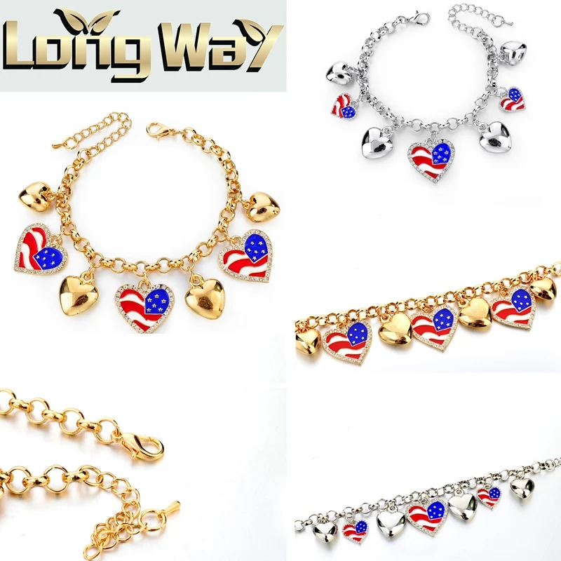 LongWay американский флаг браслеты с сердцем кулон модный стеклянный драгоценный