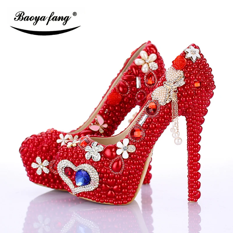 BaoYaFang White/Red Tassels Women Wedding shoes Bride 12cm/14cm High heels platform shoes woman high Pumps female shoes